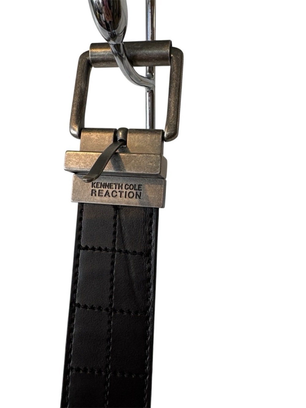 Kenneth Cole Reaction Black Leather Belt with Brushed Silver Buckle